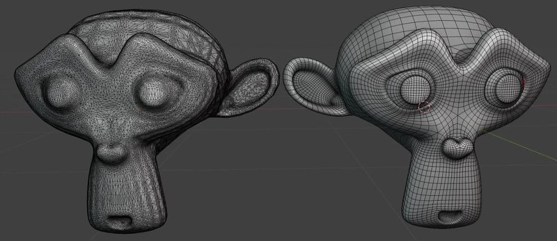 Dense, high-poly sculpt on the left with the retopologized clean, quad-only mesh on the right(source: from the author of this Reddit comment)