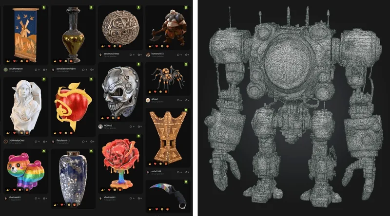 Some of the meshes generated using Meshy Topology of a generated mesh using Mesh (source: Meshy AI) (source: robot model Meshy AI)