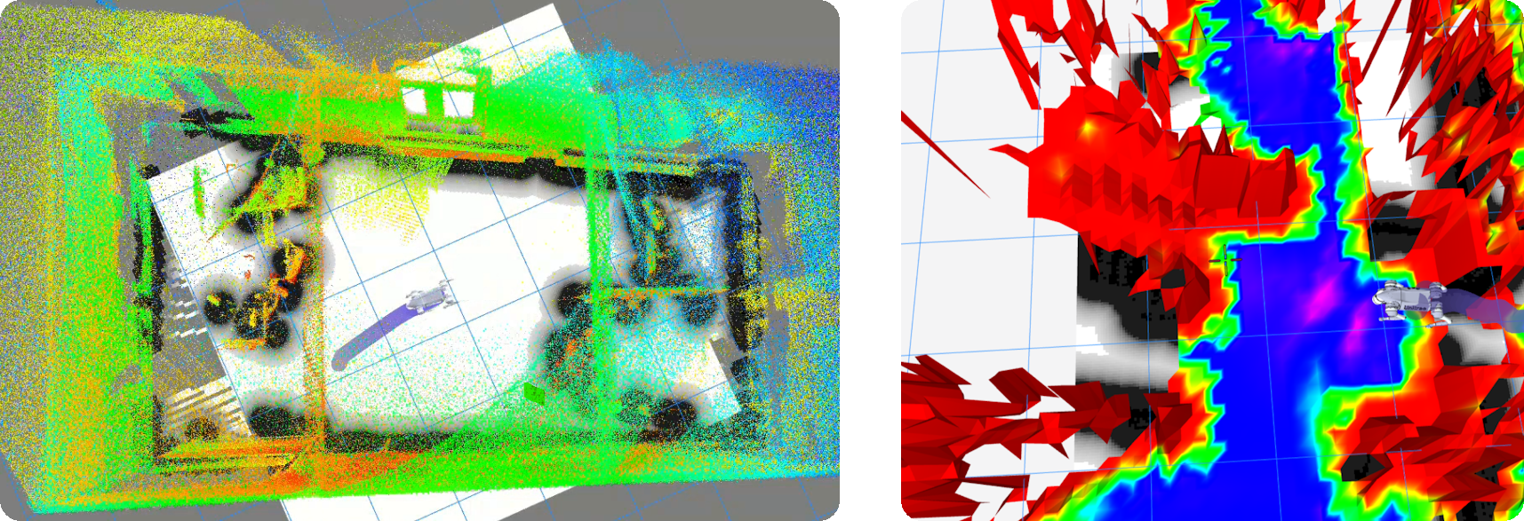 Side-by-side: Foxglove showing a planned route through the building (left) and a traversability-coloured elevation map (right).