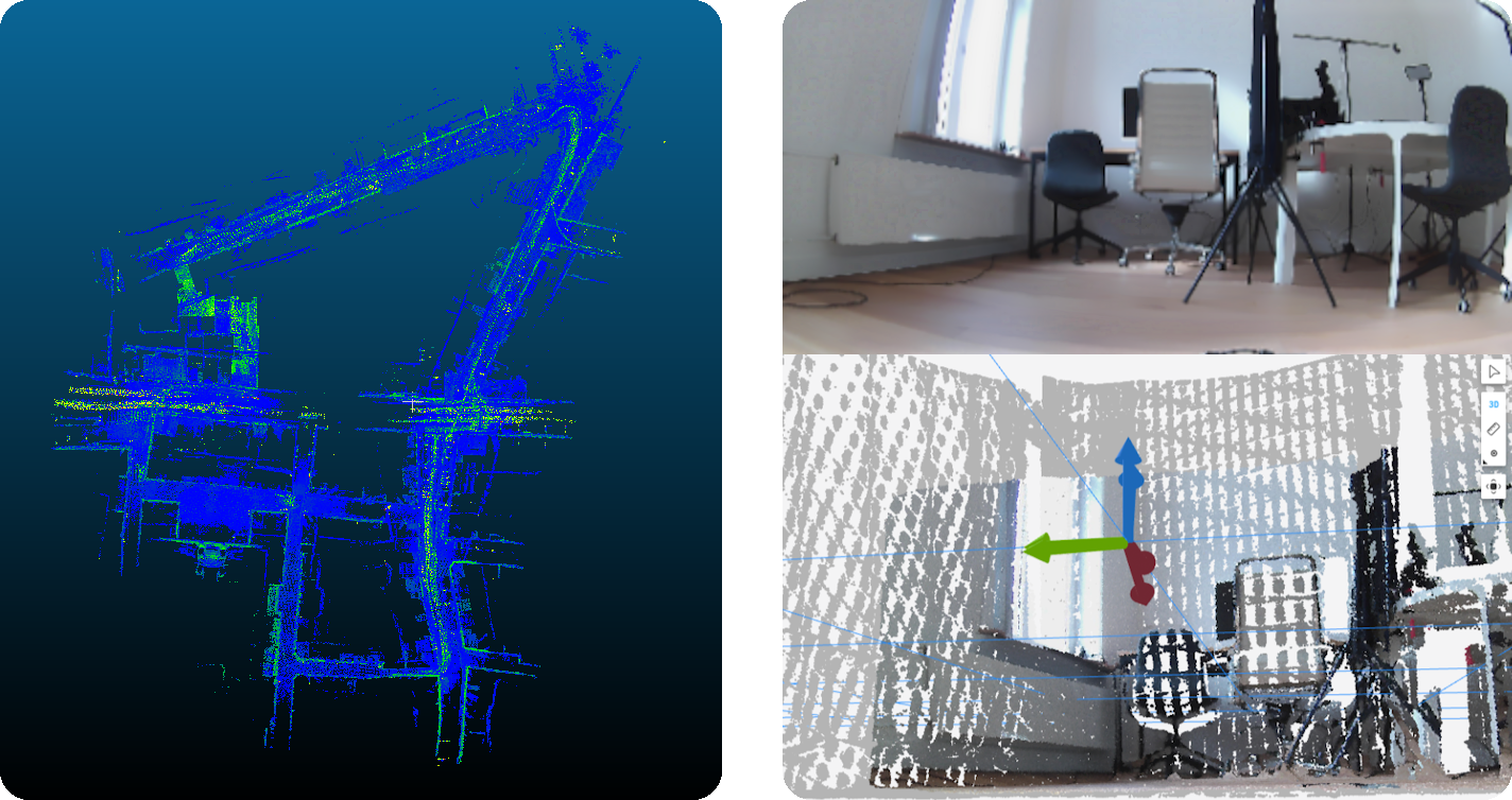Side-by-side: a 3D SLAM map produced by GLIM (left) and the camera-colorized point cloud (right) from the same walkthrough.