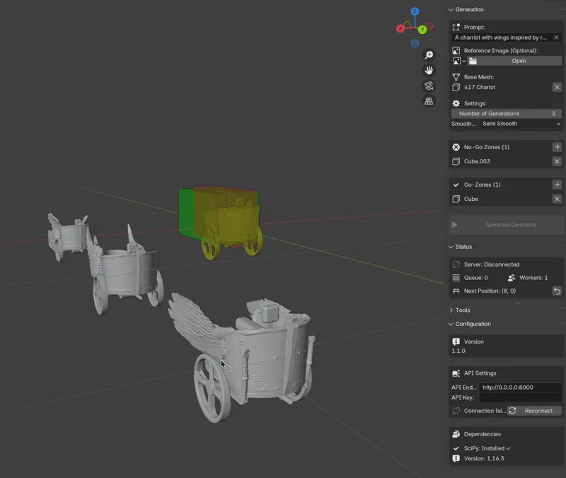 Overview of a custom Blender add-on for generative editing. Green is the generation zone, red is the no-go zone and yellow is the base object. Three generations in front.