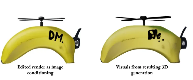 Image conditioning alone is unreliable: edits like “DM” drawn on a render (left) are often misinterpreted or lost in the resulting 3D output (right).