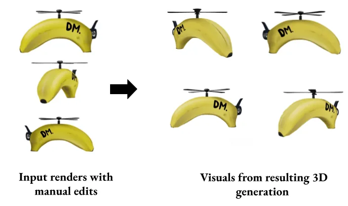 Differentiable rendering: input renders with manual edits (left) are backpropagated into the latent, producing consistent texture edits across new 3D views (right).