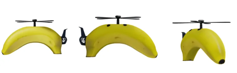 Constraint-aware generation of the bananacopter: the fixed rotor + screw block remain untouched, while the editable region adapts freely.