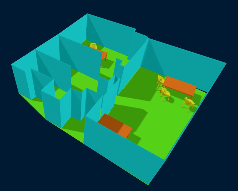 A reconstruction of our office using geometric primitives (walls and floor) and 3D assets (tables and chairs)