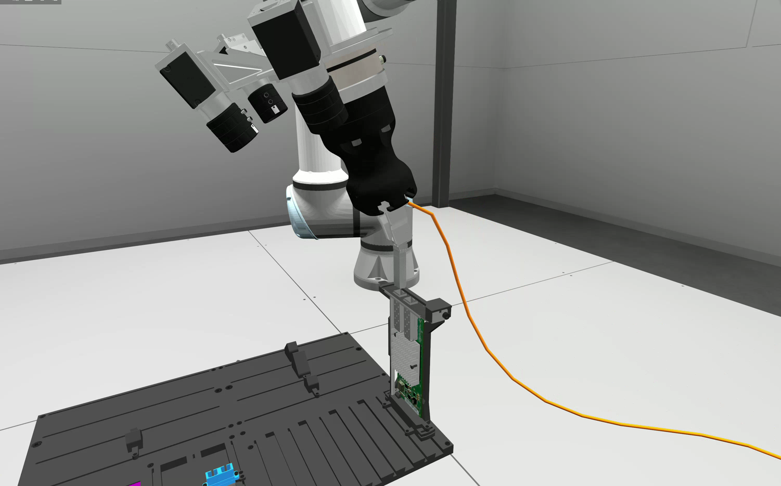 Cover: a UR5e arm with a Robotiq gripper holds an orange-jacketed cable connector above a server-tray fixture in the simulation used by the Intrinsic AI for Industry Challenge.