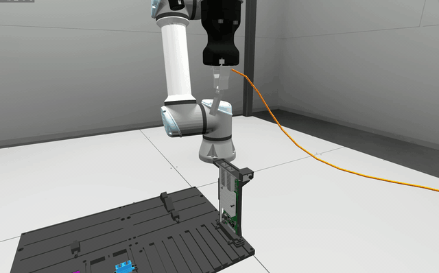 Animation: the simulation of our entry. The UR5e arm picks a cable from the workcell and inserts the connector into the server-tray fixture, with the wrist cameras streaming the scene that drives perception.