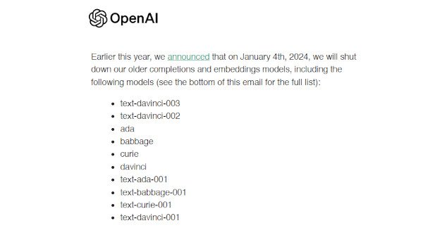 OpenAI’s announcement in which they deprecate lange models that are only a few years