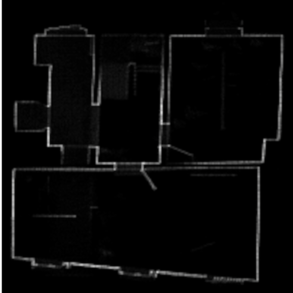 Animation: a 3D LiDAR point cloud being compressed into a 2D density map, with the transformer model's predicted room outlines overlaid on the map.