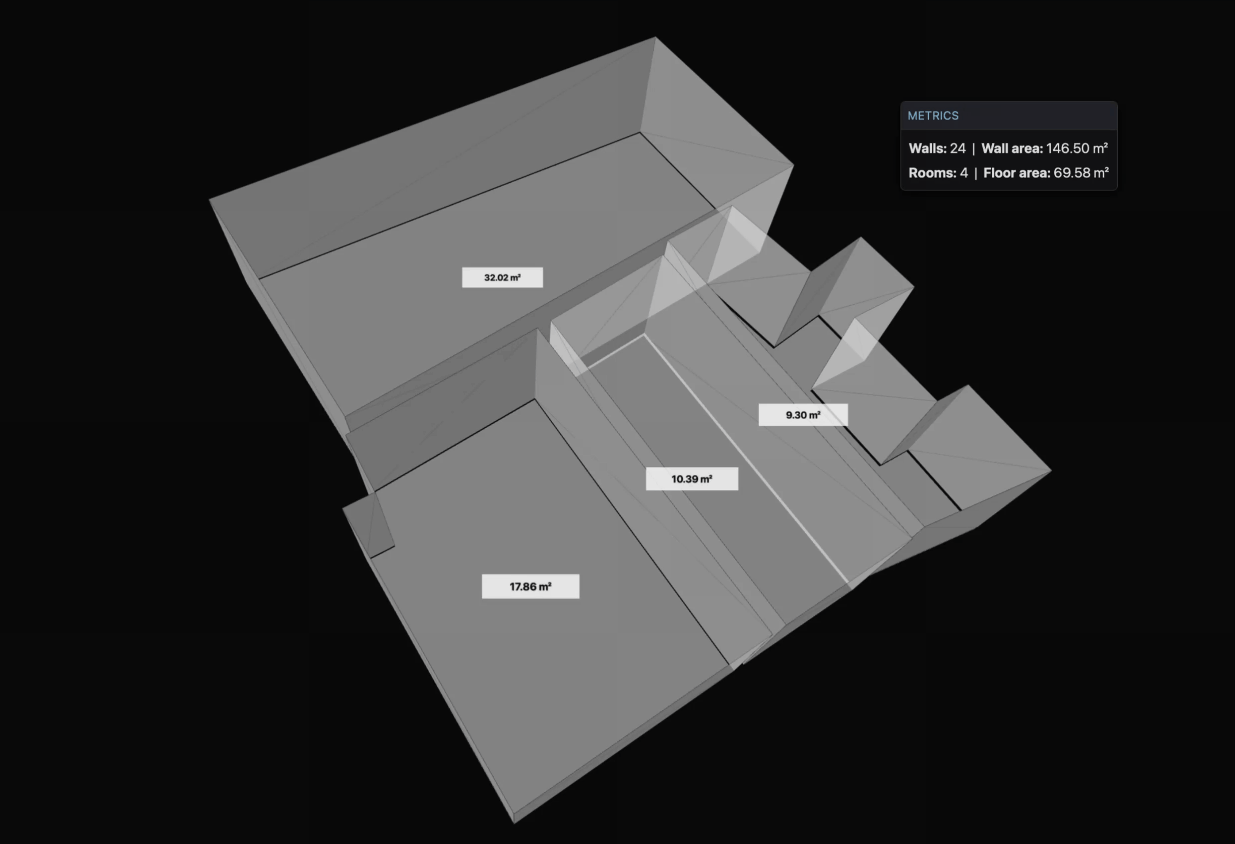 Animation: a user editing the reconstructed scene in CAD - moving a wall, with connected surfaces and derived metrics updating live.
