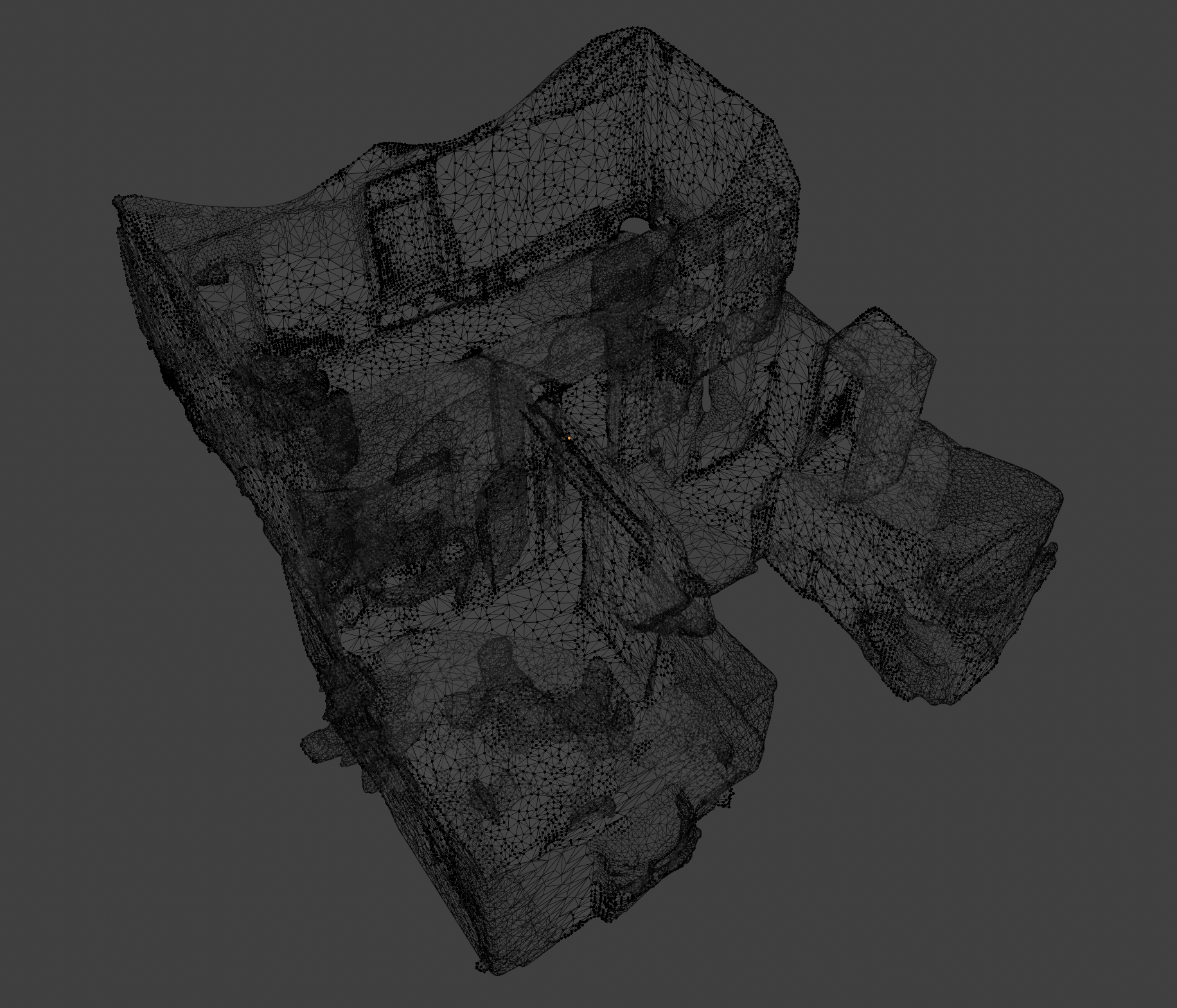 Screenshot of a Polycam mesh of a building floor: roughly 44,000 individual triangles, with no structural labelling of walls, floors, or rooms.