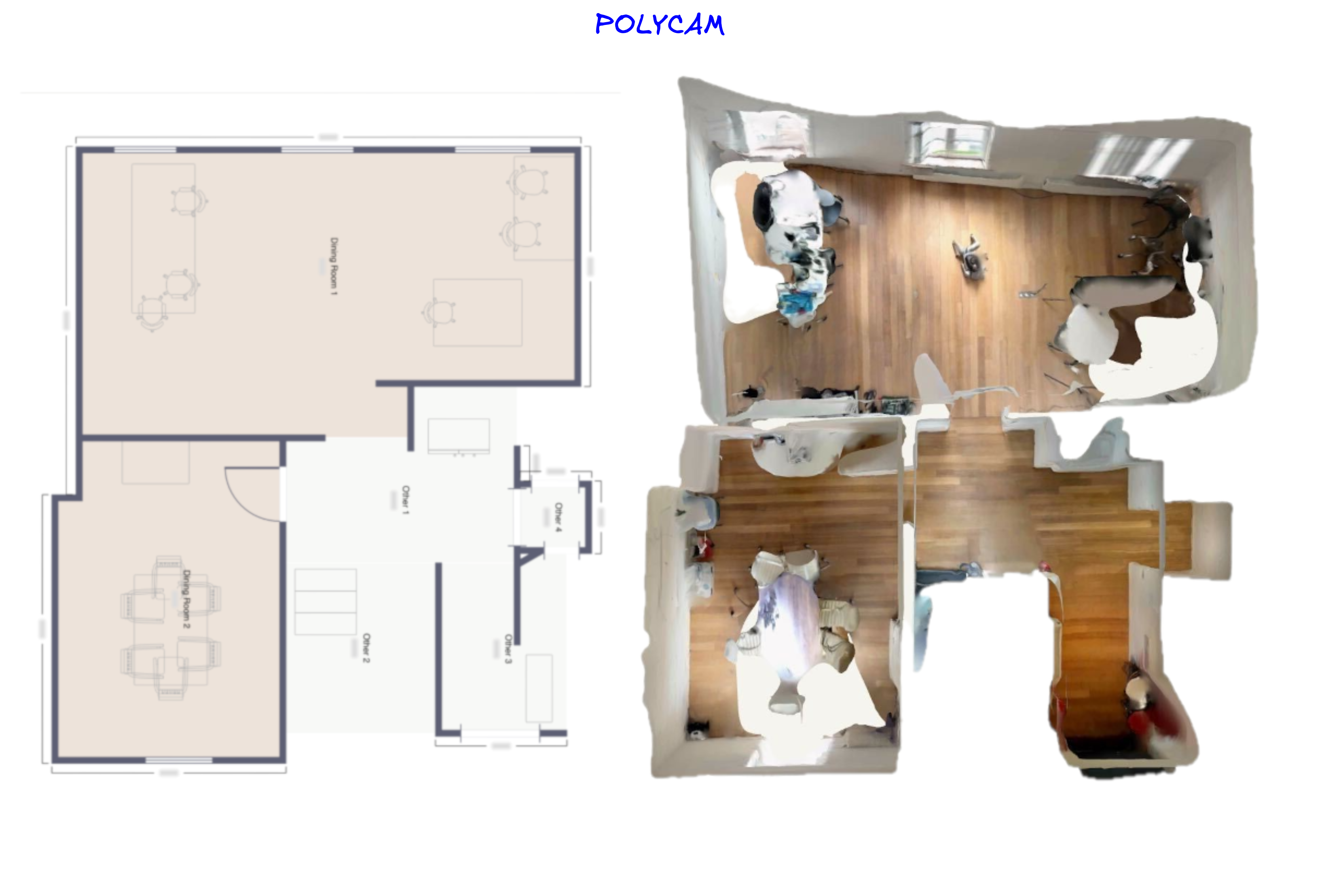 Floor plan from Apple RoomPlan via Polycam: the same angled room has been simplified to a rectangle.