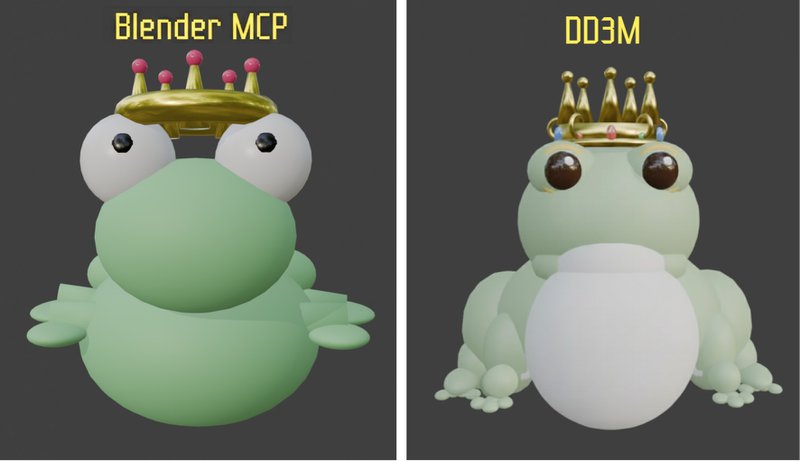 Results for the prompt “a frog with a crown” generated by Blender MCP Claude Opus 4.5 (left) and DD3M (right)