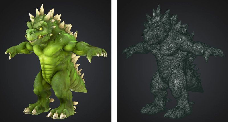 Geometry and materials of a Mesh-generated asset, shown alongside its underlying topology (source: from meshy.ai)