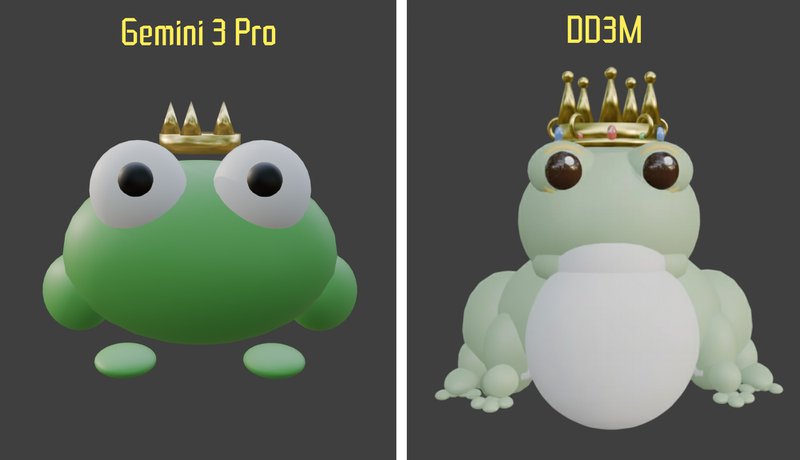 Results for the prompt “a frog with a crown” generated by Gemini 3 Pro (left) and DD3M (right)