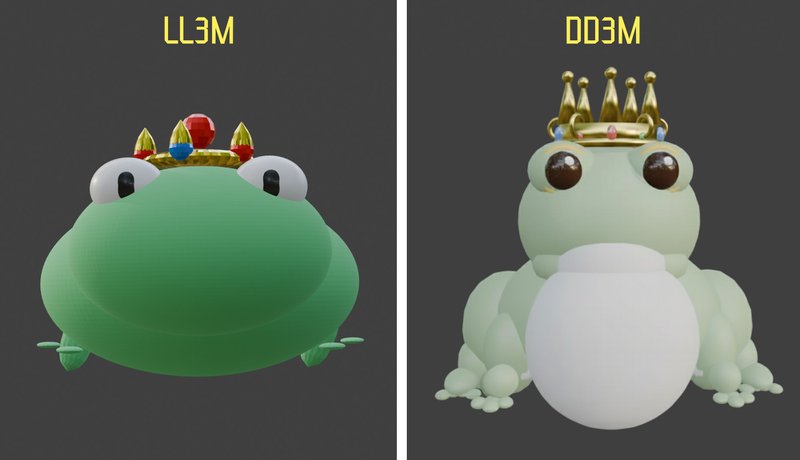 Results for the prompt “a frog with a crown” generated by LL3M (left) and DD3M (right)